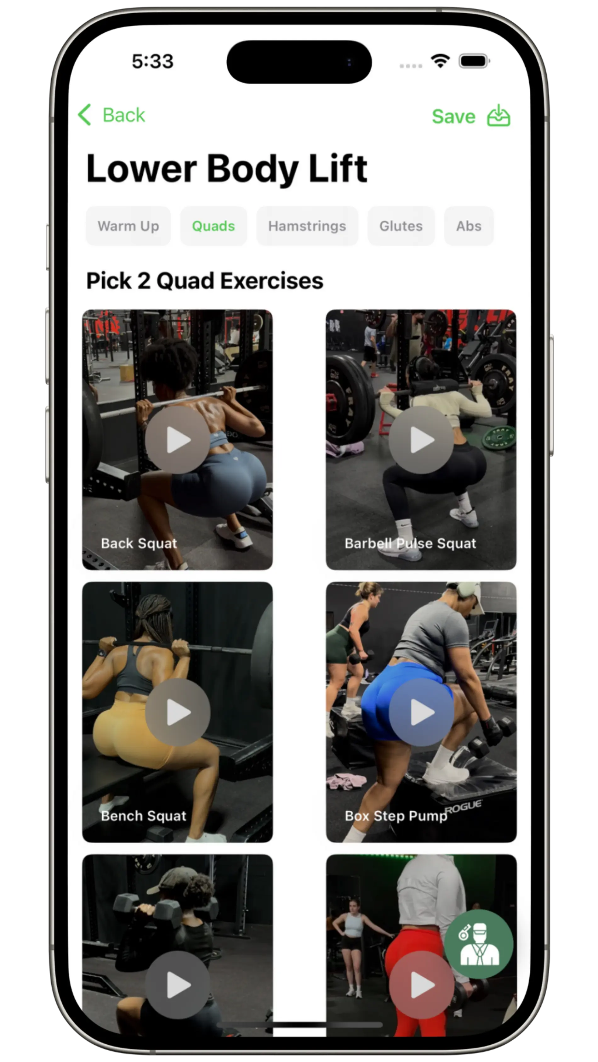 Living Fit Family app workout screen